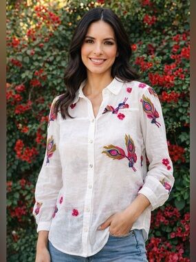 Fig & Flower Embroidered Peacock Blouse Small Sheer Boho Button Front Top